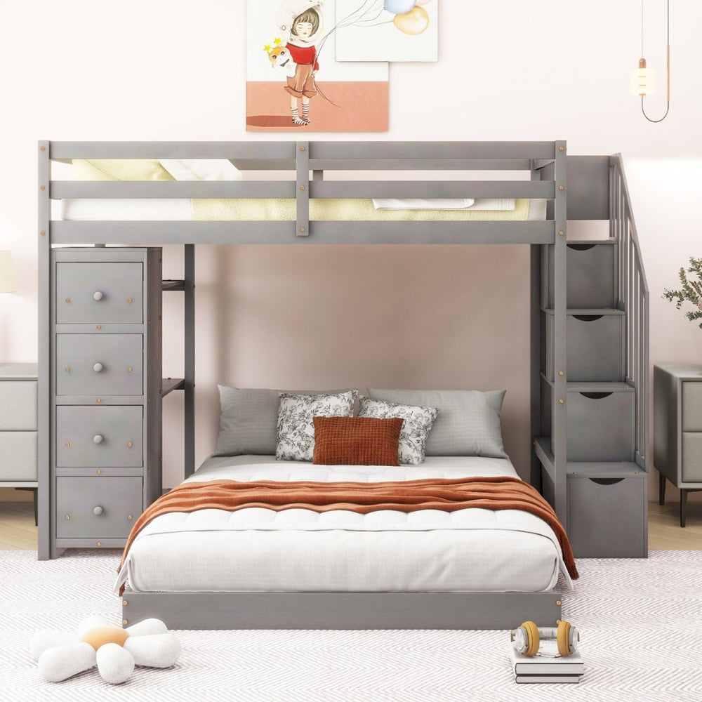 English Elm Twin Over Full Bunk Bed with Storage Stairs Drawers and Side Shelves in White LT000358AAE