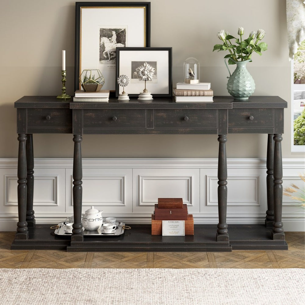 English Elm U_style Retro Console Table Pine Legs Four Drawers Open Shelf Hallway Entryway WF312987AAB