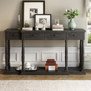 English Elm U_style Retro Console Table Pine Legs Four Drawers Open Shelf Hallway Entryway WF312987AAB