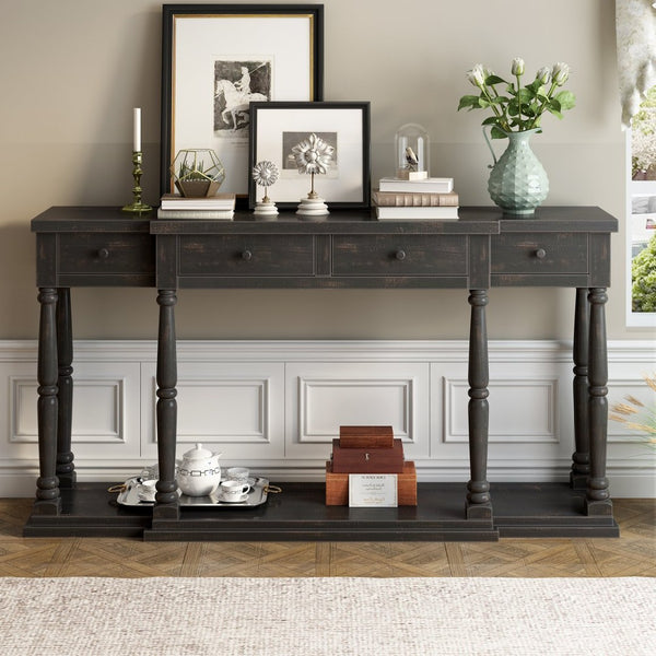 English Elm U_style Retro Console Table Pine Legs Four Drawers Open Shelf Hallway Entryway WF312987AAB
