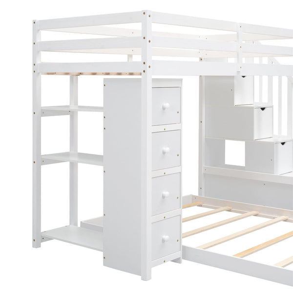 English Elm Twin Over Full Bunk Bed with Storage Stairs Drawers and Side Shelves in White LT000358AAK