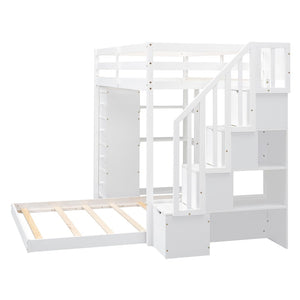 English Elm Twin Over Full Bunk Bed with Storage Stairs Drawers and Side Shelves in White LT000358AAK