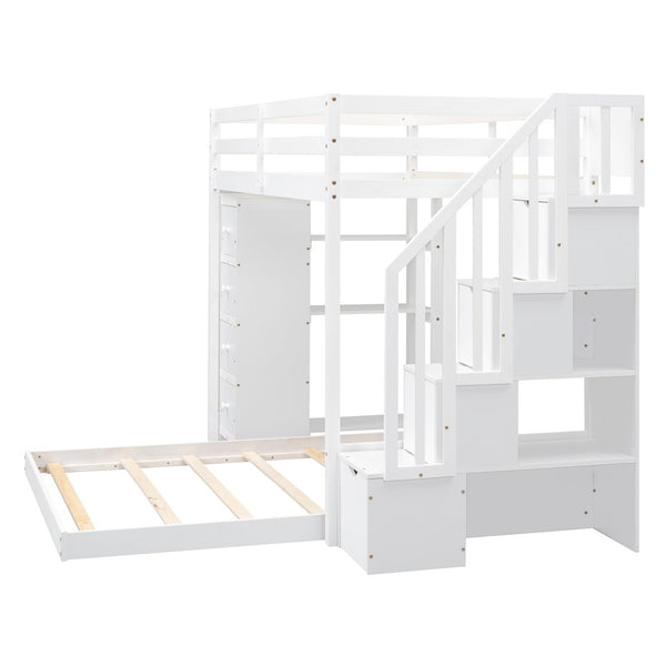 English Elm Twin Over Full Bunk Bed with Storage Stairs Drawers and Side Shelves in White LT000358AAK