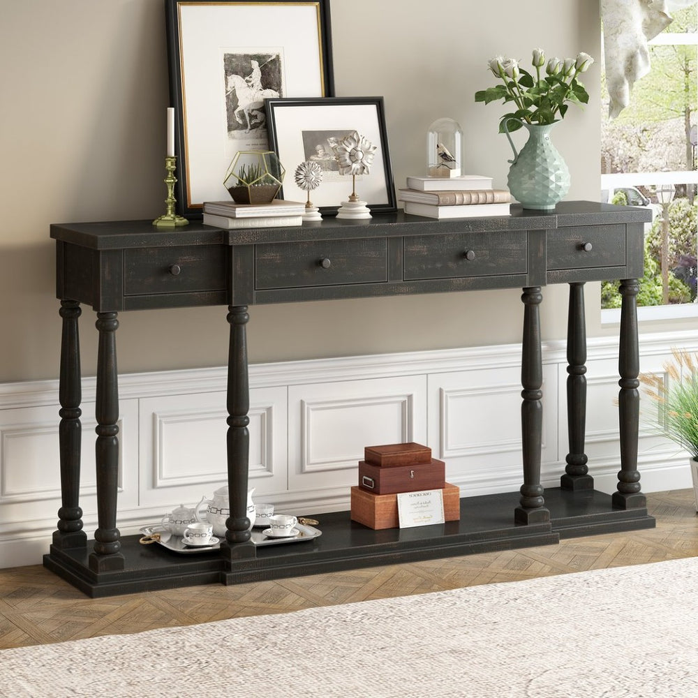 English Elm U_style Retro Console Table Pine Legs Four Drawers Open Shelf Hallway Entryway WF312987AAB