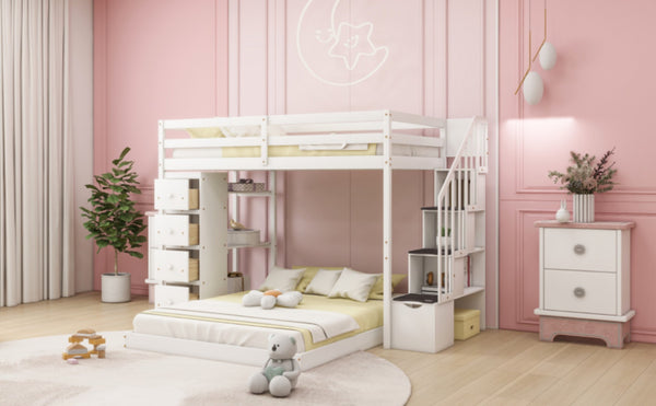 English Elm Twin Over Full Bunk Bed with Storage Stairs Drawers and Side Shelves in White LT000358AAK