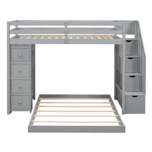 English Elm Twin Over Full Bunk Bed with Storage Stairs Drawers and Side Shelves in White LT000358AAE