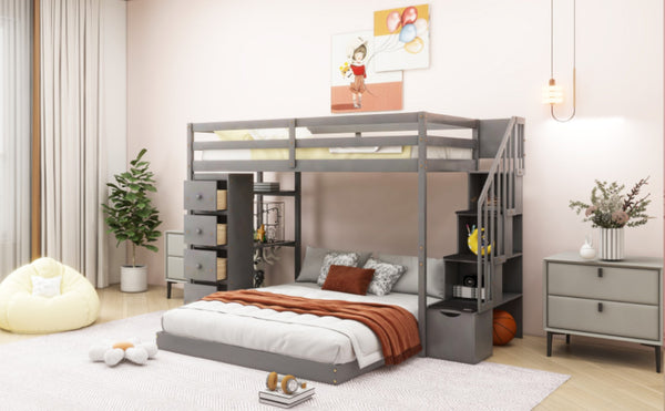 English Elm Twin Over Full Bunk Bed with Storage Stairs Drawers and Side Shelves in White LT000358AAE