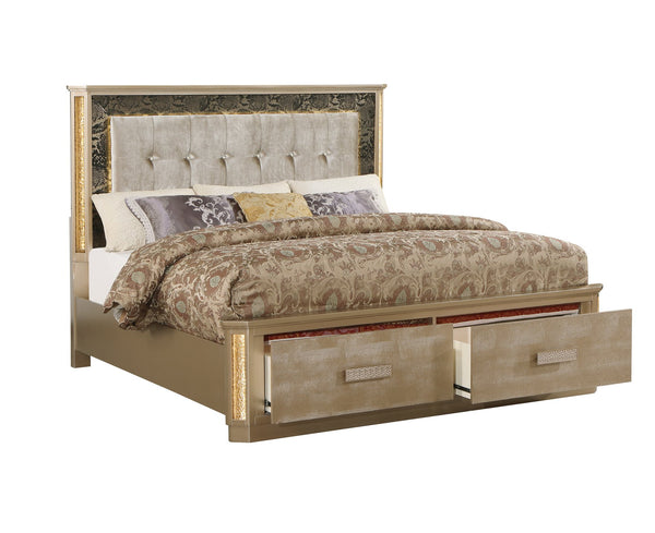 English Elm Medusa King Bed with Tufted LED Headboard, Gold & Copper Snake-Skin Finish, Upholstered, 2 Drawers B009S01773
