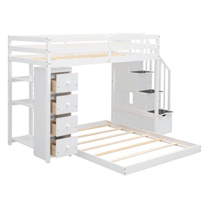 English Elm Twin Over Full Bunk Bed with Storage Stairs Drawers and Side Shelves in White LT000358AAK