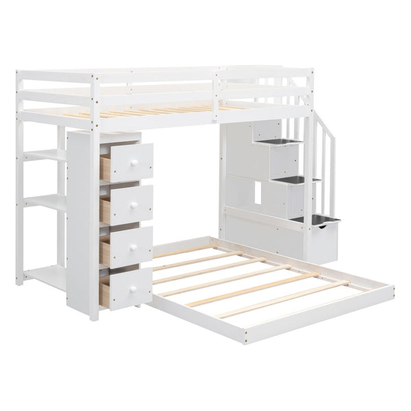 English Elm Twin Over Full Bunk Bed with Storage Stairs Drawers and Side Shelves in White LT000358AAK