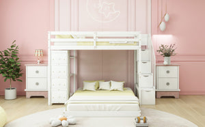 English Elm Twin Over Full Bunk Bed with Storage Stairs Drawers and Side Shelves in White LT000358AAK
