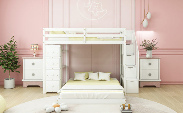 English Elm Twin Over Full Bunk Bed with Storage Stairs Drawers and Side Shelves in White LT000358AAK
