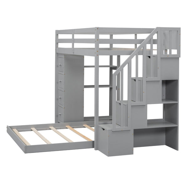 English Elm Twin Over Full Bunk Bed with Storage Stairs Drawers and Side Shelves in White LT000358AAE