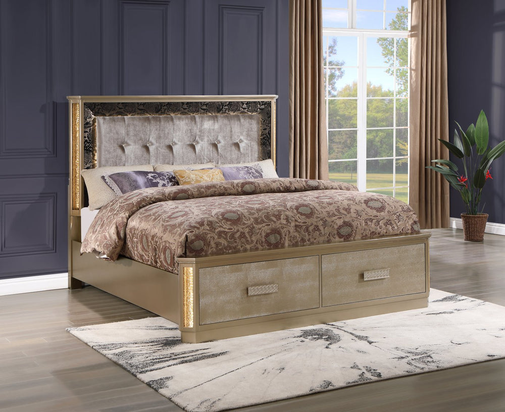 English Elm Medusa King Bed with Tufted LED Headboard, Gold & Copper Snake-Skin Finish, Upholstered, 2 Drawers B009S01773