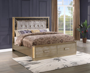 English Elm Medusa King Bed With Led Tufted Headboard, Gold Finish & Storage – Luxurious Modern Design B009S01072