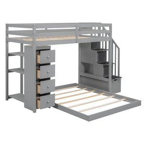 English Elm Twin Over Full Bunk Bed with Storage Stairs Drawers and Side Shelves in White LT000358AAE