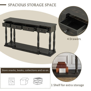English Elm U_style Retro Console Table Pine Legs Four Drawers Open Shelf Hallway Entryway WF312987AAB