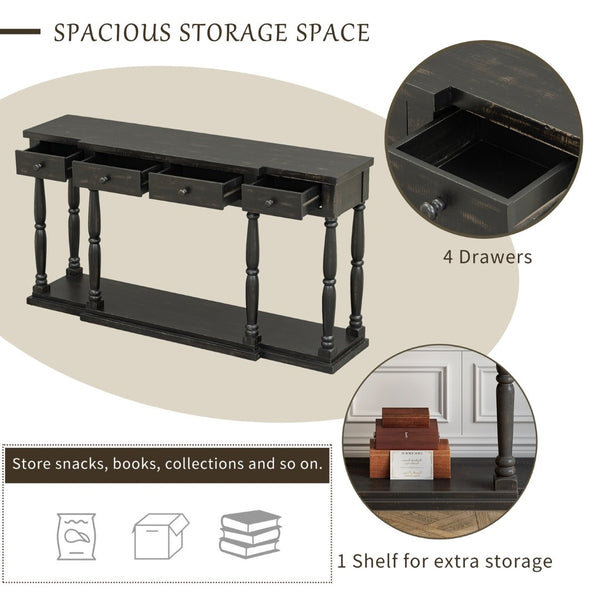 English Elm U_style Retro Console Table Pine Legs Four Drawers Open Shelf Hallway Entryway WF312987AAB