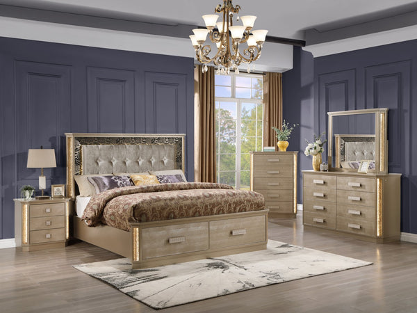 English Elm Medusa Opulent 5PC Bedroom Set Queen with LED Lights, Gold-Copper Snake Skin Finish & Storage Drawers B009S01777
