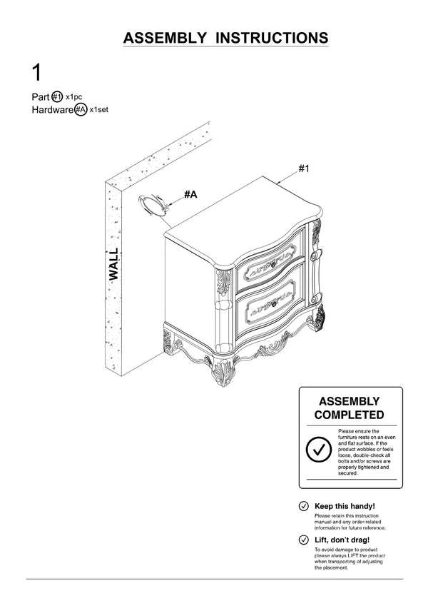 English Elm Pearl Luxury Baroque Nightstand with Genuine Marble Top, Solid Wood 2-Drawer Bedside Table, 29.5"W B011140212