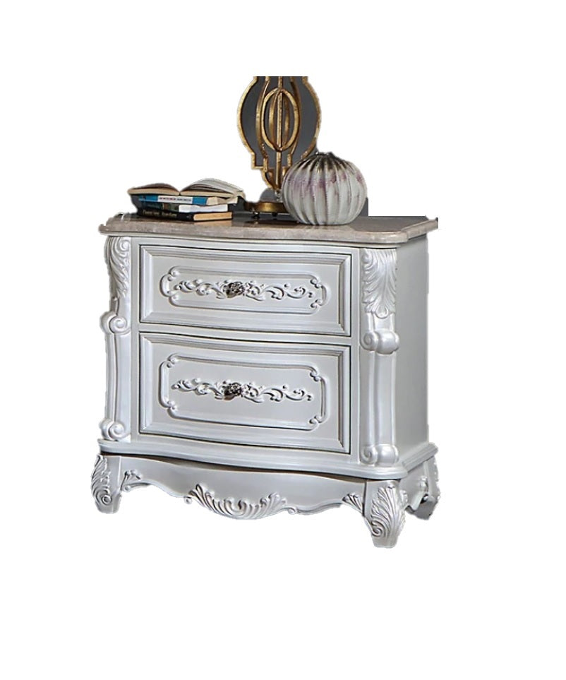 English Elm Pearl Luxury Baroque Nightstand with Genuine Marble Top, Solid Wood 2-Drawer Bedside Table, 29.5"W B011140212