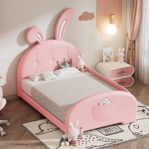 English Elm Twin Rabbit-Shape Upholstered Princess Bed with Headboard & Footboard, Sturdy Slat Platform, Durable MDF Frame Pink 42.91 L x 34.65 W x 6.5 H N733P198764H