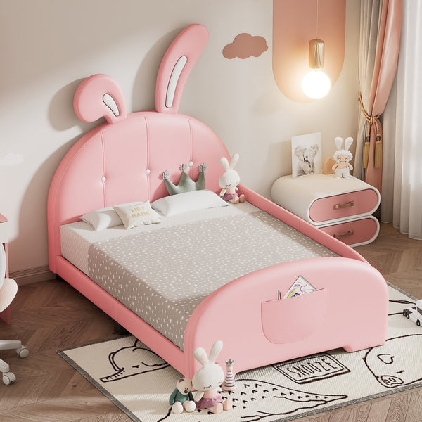 English Elm Twin Rabbit-Shape Upholstered Princess Bed with Headboard & Footboard, Sturdy Slat Platform, Durable MDF Frame Pink 42.91 L x 34.65 W x 6.5 H N733P198764H