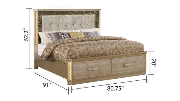 English Elm Medusa King Bed with Tufted LED Headboard, Gold & Copper Snake-Skin Finish, Upholstered, 2 Drawers B009S01773