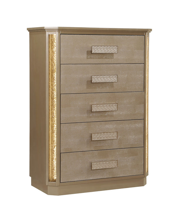 English Elm Medusa 5-Drawer Chest in Gold & Copper with LED Accent, Snake Skin Finish for Glam Bedroom Storage G150109077