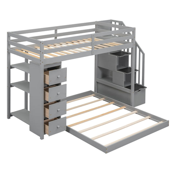 English Elm Twin Over Full Bunk Bed with Storage Stairs Drawers and Side Shelves in White LT000358AAE