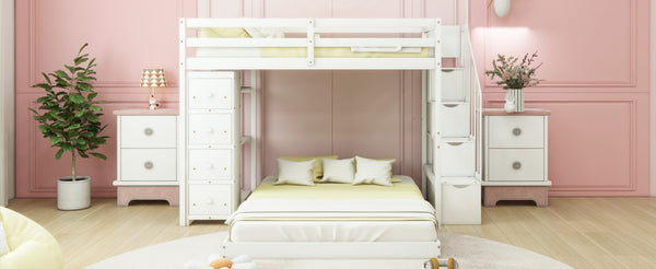 English Elm Twin Over Full Bunk Bed with Storage Stairs Drawers and Side Shelves in White LT000358AAK