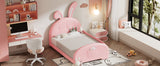 English Elm Twin Size Upholstered Rabbit-Shape Princess Bed ,Twin Size Platform Bed With Headboard and Footboard,Pink