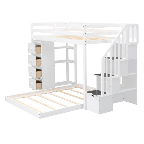English Elm Twin Over Full Bunk Bed with Storage Stairs Drawers and Side Shelves in White LT000358AAK