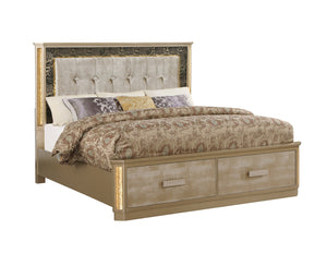 English Elm Medusa King Bed With Led Tufted Headboard, Gold Finish & Storage – Luxurious Modern Design B009S01072