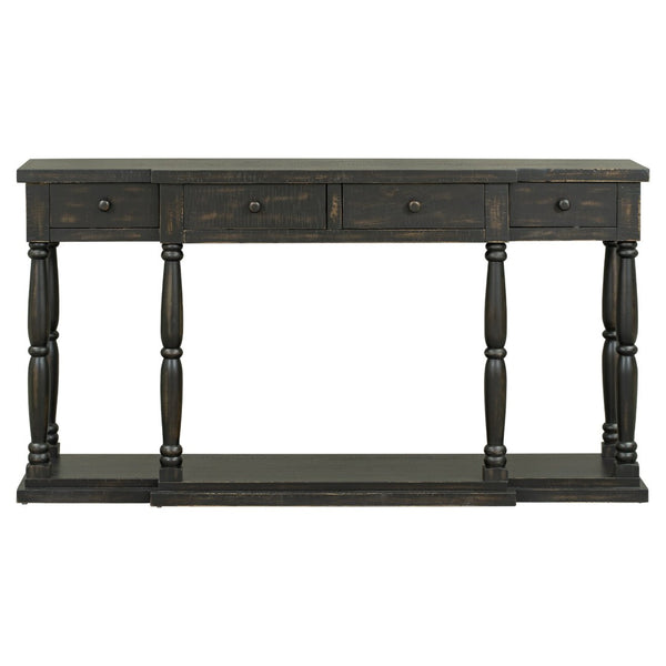 English Elm U_style Retro Console Table Pine Legs Four Drawers Open Shelf Hallway Entryway WF312987AAB