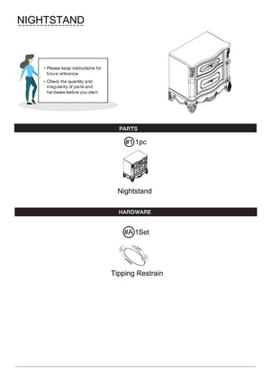English Elm Pearl Luxury Baroque Nightstand with Genuine Marble Top, Solid Wood 2-Drawer Bedside Table, 29.5"W B011140212