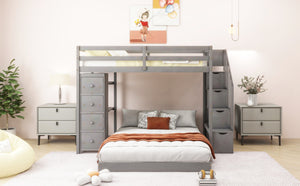 English Elm Twin Over Full Bunk Bed with Storage Stairs Drawers and Side Shelves in White LT000358AAE