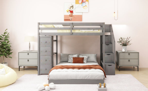 English Elm Twin Over Full Bunk Bed with Storage Stairs Drawers and Side Shelves in White LT000358AAE