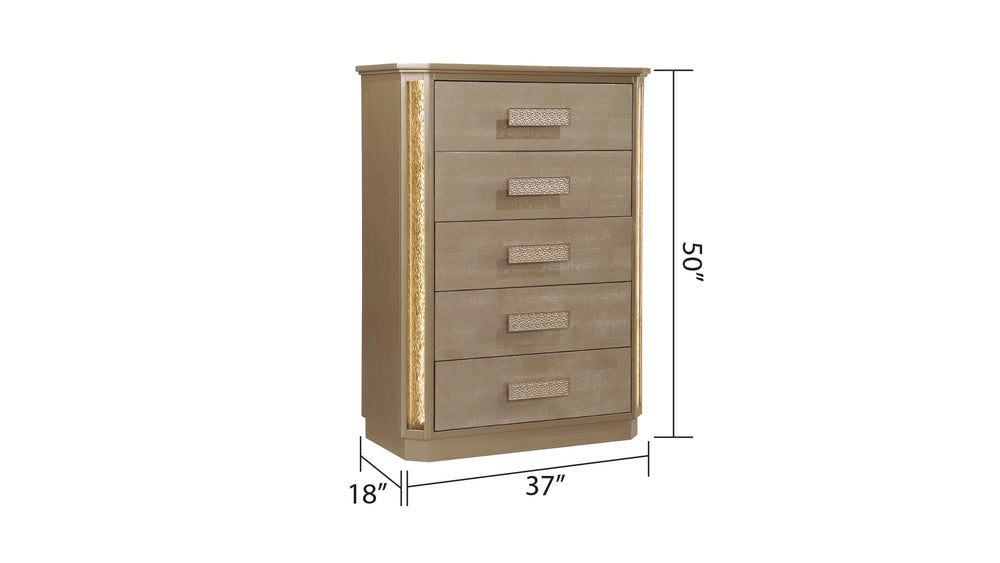 English Elm Medusa 5-Drawer Chest in Gold & Copper with LED Accent, Snake Skin Finish for Glam Bedroom Storage G150109077