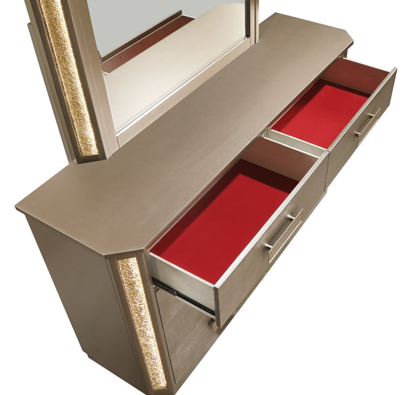 English Elm Medusa 4Pc Bedroom Set In Opulent Gold With Led Accents & Plush Upholstery For Luxurious Style B009S01073