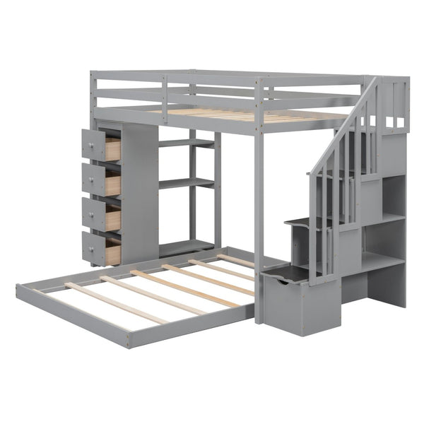 English Elm Twin Over Full Bunk Bed with Storage Stairs Drawers and Side Shelves in White LT000358AAE