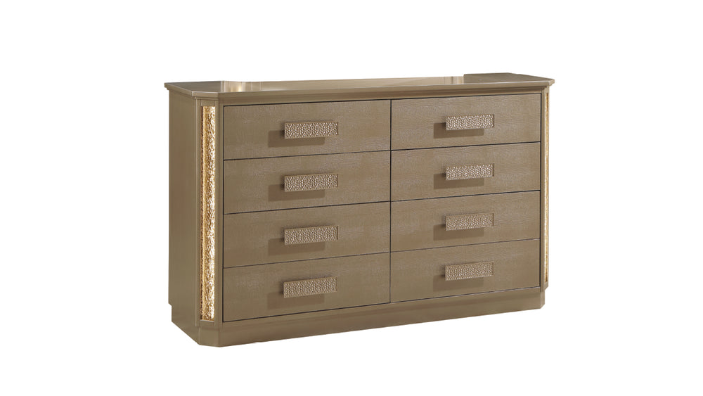 English Elm Medusa 6-Drawer Dresser in Gold & Copper Finish with LED Accent, Snake Skin Texture, Spacious Storage G150109078