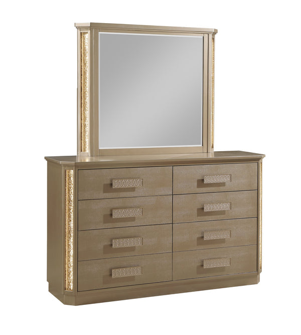 English Elm Medusa 6-Drawer Dresser in Gold & Copper Finish with LED Accent, Snake Skin Texture, Spacious Storage G150109078
