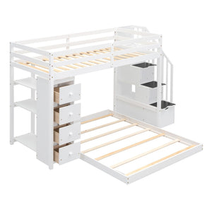 English Elm Twin Over Full Bunk Bed with Storage Stairs Drawers and Side Shelves in White LT000358AAK
