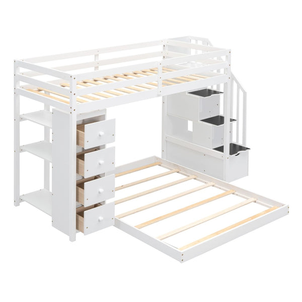 English Elm Twin Over Full Bunk Bed with Storage Stairs Drawers and Side Shelves in White LT000358AAK