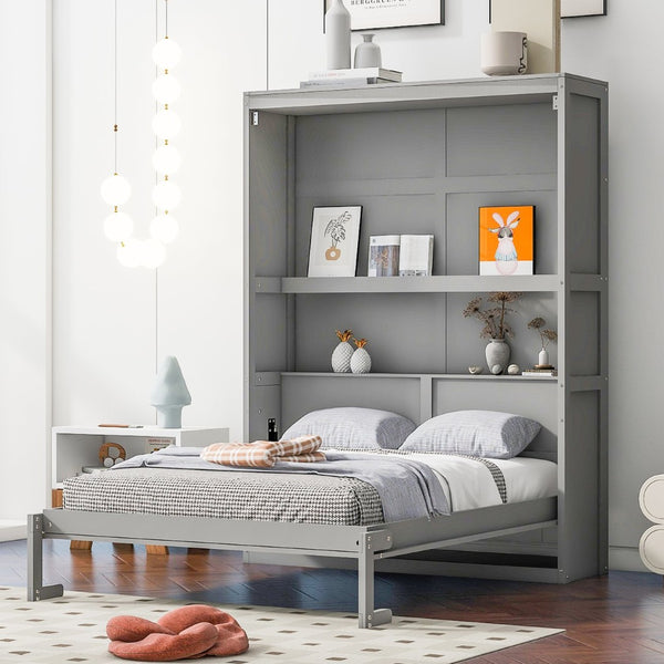 English Elm Full Size Murphy Wall Bed with Integrated Shelving for Studio or Guest Room Use LP000692AAE-1