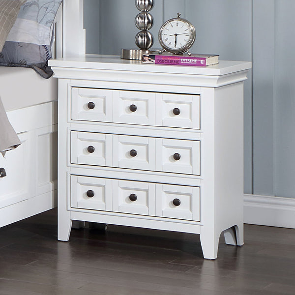 English Elm Transitional Castile Nightstand with Crown Molding, 3 Window-Panel Drawers & Nickel Hardware, 26"W White 30 L x 19 W x 31 H B011140213