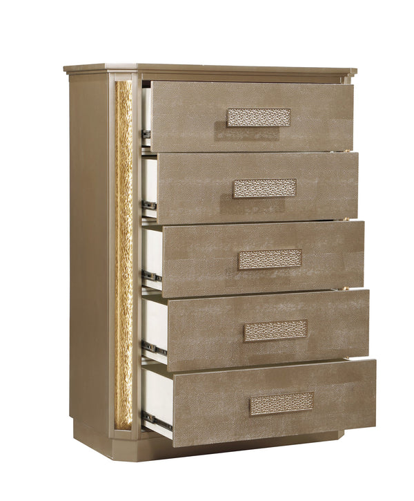 English Elm Medusa Opulent 5PC Bedroom Set Queen with LED Lights, Gold-Copper Snake Skin Finish & Storage Drawers B009S01777