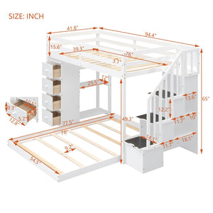 English Elm Twin Over Full Bunk Bed with Storage Stairs Drawers and Side Shelves in White LT000358AAK