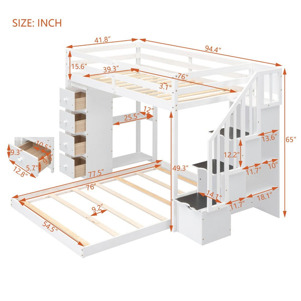 English Elm Twin Over Full Bunk Bed with Storage Stairs Drawers and Side Shelves in White LT000358AAK